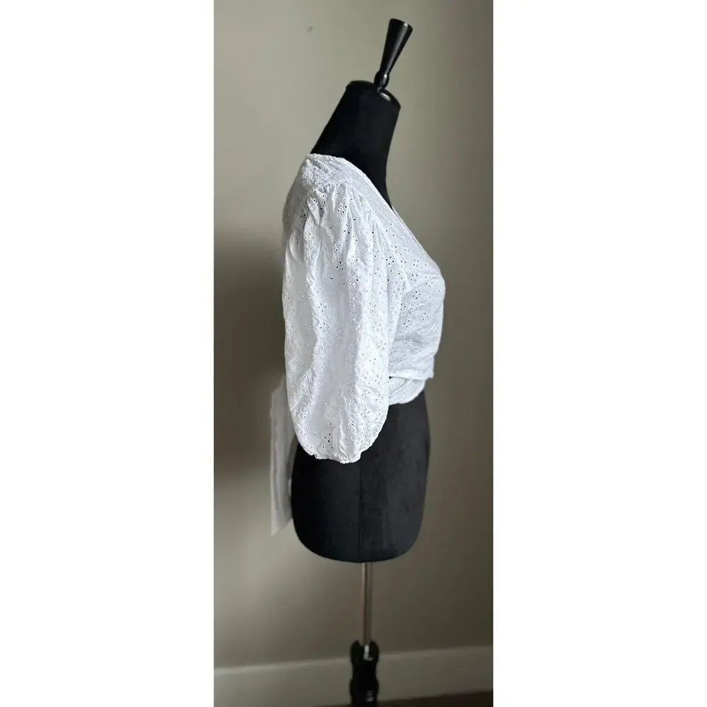 ABERCROMBIE AND FITCH White Cotton Eyelet Puff Sleeve Cropped Top Size S